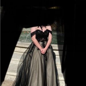 Dancing Queen Prom Dress - Black Tulle over Nude Beaded Embellishments